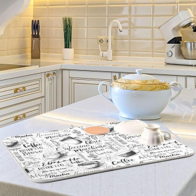 Coffee Cups Print Dish Drying Mat for Kitchen Counter Absorbent Microfiber Drying Pad, Large 18x24 in, Reversible Drainer Mats