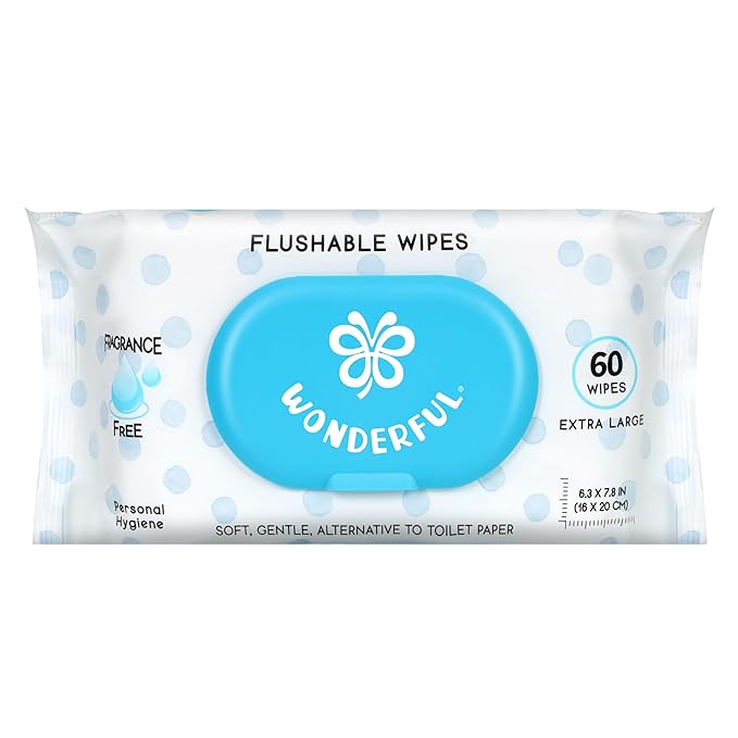 WONDERFUL Flushable Butt Wipes, Unscented 100% Plant-Based Wet Wipes for Adults & Kids, Sewer & Septic Safe, Gentle on Sensitive Skin, Wipes Flushable Pack for Bathroom & Travel, 1-Pack (60 Wipes)