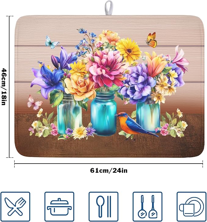 Spring Colorful Flowers Dish Drying Mat for Kitchen Counter,Vintage Plants Mason Jar Butterflies Drying Mat 18 x 24 Inch with Absorbent Reversible Microfiber Dish Drying Pad for Coffee Bar
