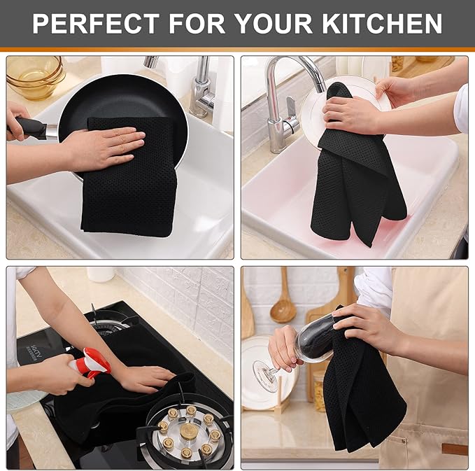 Kitinjoy 100% Cotton Waffle Weave Kitchen Hand Towels (13 x 28 Inches, Black), 4-Pack Super Soft and Absorbent Dish Towels for Drying Dishes