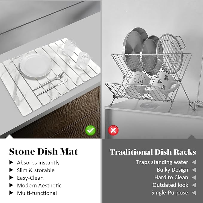 Large Stone Dish Drying Mats for Kitchen Counter, 24"(L)×16"(W) Marble-Pattern, Fast Drying Collapsible Dish Drying Mat, Eco-Friendly Absorbent Diatomaceous Earth Mats for Match Countertop