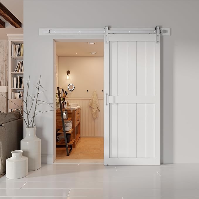 34''x84'' Sliding Barn Door with 6 Ft Brushed Nickel Hardware Kit& Handle& Floor Guides,Pre-Drilled Holes Easy Assembly - Include Installation Manual, Water-Proof PVC Surface, H-Frame