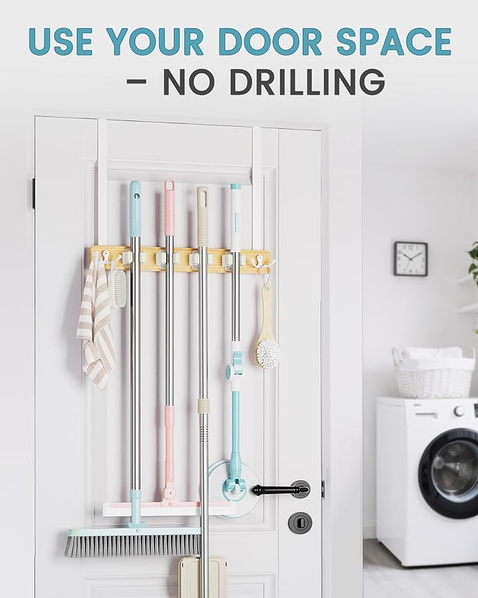 HULISEN Broom Holder Door Mount, Over the Door Broom and Mop Holder with 0.6" Thick Pads, Wood Mop Organizer Tool Hanger with 4 Racks & 2 Hooks for Laundry Cabinet Kitchen Garage, No Drills