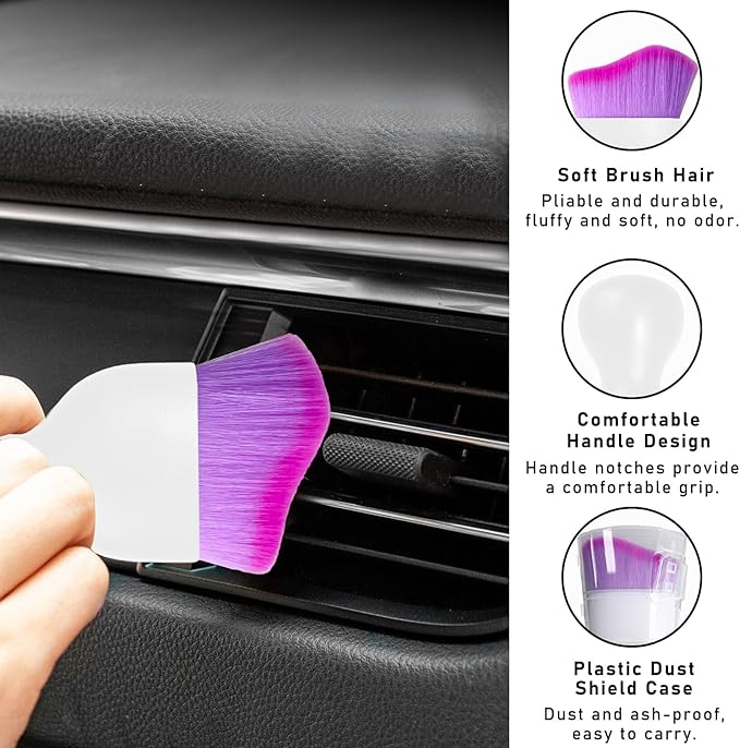 Car Interior Dust Brush, Soft Scratch Free Auto Detailing Brushes, Universal Vehicle Interior Cleaning Tool for Automotive Dashboard, Air Vents, Leather(White & Purple)