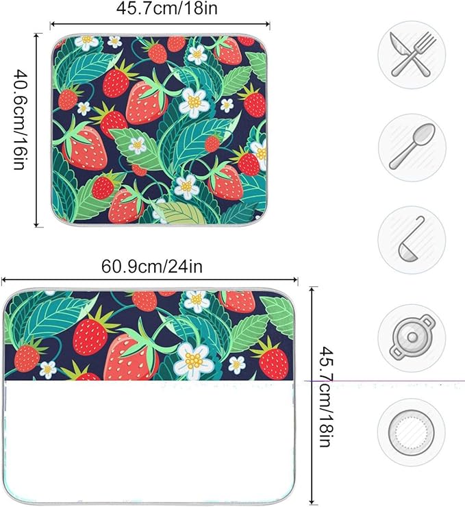 Tarity Green Leaves Red Strawberries Dish Drying Mat for Kitchen Counter Absorbent Heat Resistant Microfiber Dishes Drainer Mat 18x24 in Large Dish Pad Sink Mat Protective Pad Kitchen Decor