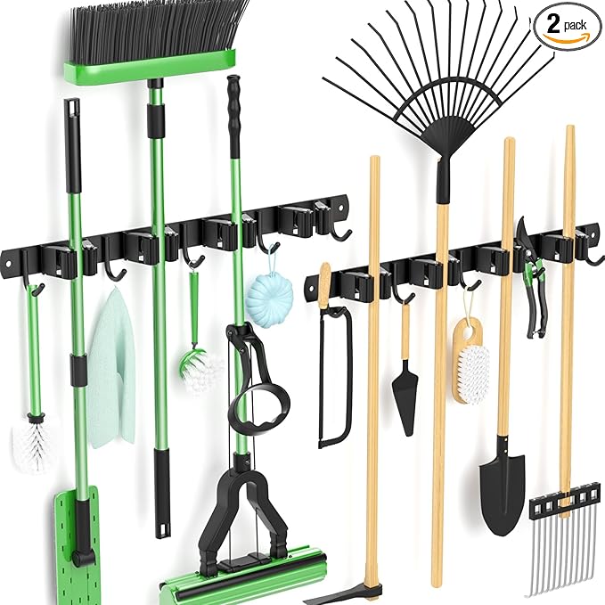 Batur 2 Pack Broom Holder Wall Mount, Upgraded Heavy Duty Mop and Broom Holder Wall Mount, Super Anti-Slip 4 Racks 5 Hooks Broom Hanger Organizer for Home Kitchen Garden Laundry Garage