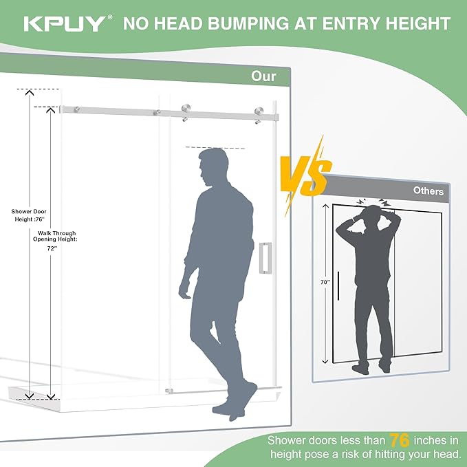 KPUY Frameless Shower Door, 49-54" W x 76" H Sliding Glass Shower Door, 1/4" (6mm) Thick Tempered Clear Glass with Explosion-Proof Film Nano Coating in Brushed Nickle Finish