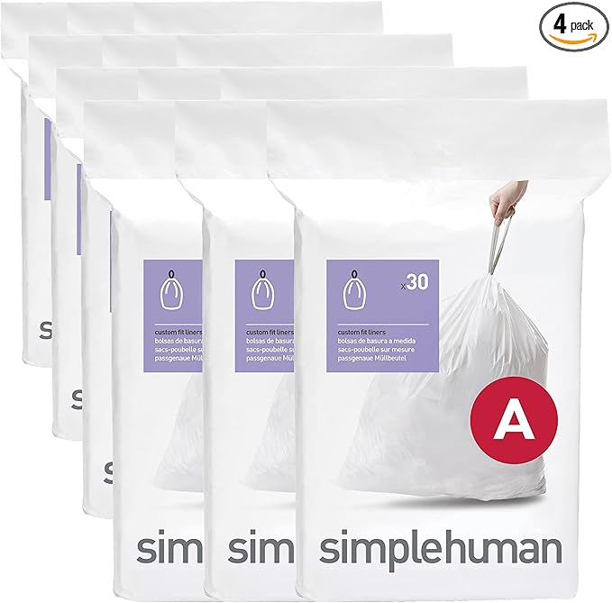 simplehuman Code A,Dispenser Pack Custom Fit Liners,Drawstring Trash Bags,4.5 Liter / 1.2 Gallon,White,90 Count (Pack of 4)