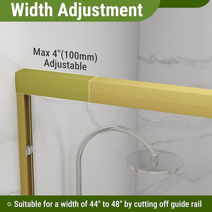 Shower Door 44-48" W * 72" H, Brushed Gold Double Sliding Shower Door with 1/4"(6mm) Tempered Glass, Shower Glass Door Easy to Clean