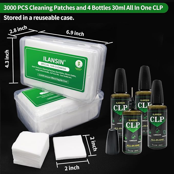 3000/1500PCS Gun Cleaning Patches+CLP Oil,2"x2" Lint Free Gun Cleaning Cloth,Professional Wipes for Shot Pistol/All Caliber of Firearms.Store in Box Can Store Gun Cleaning Kit,Choose Your Set