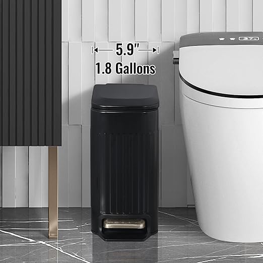 Slim Bathroom Trash Can Foot-Operated Stainless Steel Garbage Can with Soft Close Lid Step Trash Bin with Removable Inner Bucket for Bedroom, Office, Kitchen (Matt Black, 1.8 Gallons)