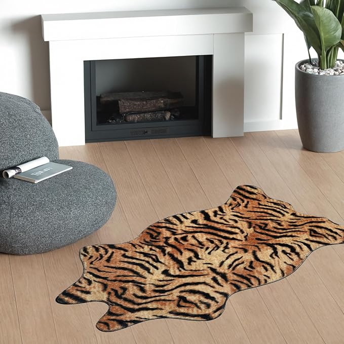 MACEVIA Tiger Printed Skin Area Rugs Western Decor for Living Room Bedroom Faux Animal Area Carpet Non-Slip Flannel Floor Mats 43.3" L x 29.5" W(3.6ft x 2.4ft)