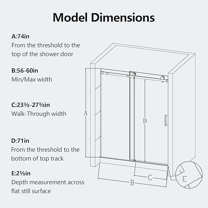 56-60" W x 74" H Frameless Shower Doors, Bathroom Single Sliding Shower Glass Doors with 5/16" (8mm) Clear SGCC Tempered Glass and Stainless Steel Handle, Reversible Installation, Chrome