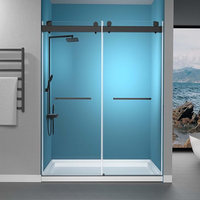 GETPRO Shower Door Frameless 57-60" W x 79" H Double Sliding Bathroom Shower Doors 3/8 Inch Clear Tempered Glass Door for Walk-in Shower with Soft Close and Width Adjustable Matte Black