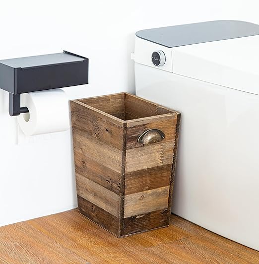 Small Wood Trash Can, Farmhouse Rectangular Garbage Can Waste Basket, Rustic Distressed Reclaimed Wood Wastebasket, Vintage Wooden Trash Recycling Bin Storage Basket with Metal Handles (Natural)
