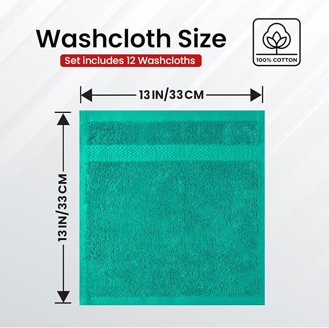 Infinitee Xclusives Luxury Wash Cloths for Showering [13x13] – 100% Cotton Washcloths [Pack of 12], Soft and Absorbent Face Towels for Bathroom Wash Clothes, Gym, and Spa (Vivid Green)