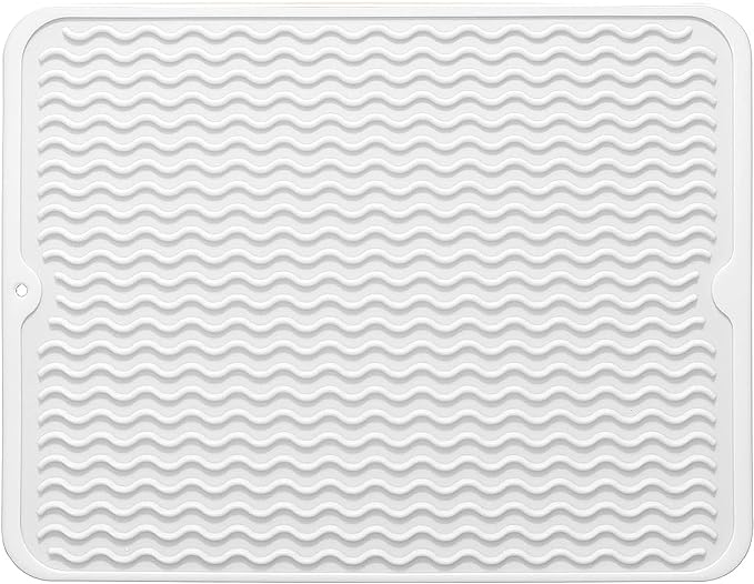 Silicone Dish Drying Mat for Multiple Usage, Easy clean, Eco-friendly, Heat-resistant Dish Drainer Mat for Kitchen Counter,Sink,Refrigerator or Drawer liner (16" x 12", White)