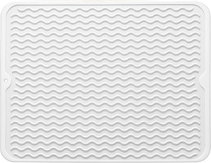 Large 17" x 14" Silicone Dish Drying Mat for Kitchen Counter, Easy clean, Quick Dry, Heat-resistant Dish Drainer Mat for Sink,Refrigerator or Drawer liner (Food Grade Silicone-White)