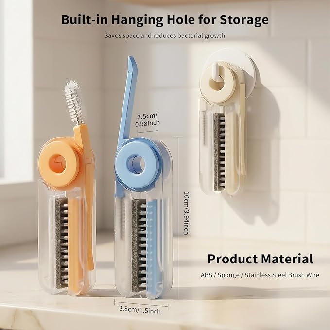 4 in 1 Cup Lid Cleaning Brush Set (3 Pcs, Blue,Orange,Beige) Foldable Cup Lid Cleaning Brush Set Folds in Completely Design