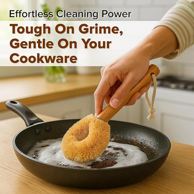Coconut Fiber Dish Brush with Handle – Natural Dish Scrubber Brush for Kitchen Sink & Pots – Eco-Friendly Dish Cleaning Brush with Built-in Scraper, Sink Scrubber, and pan Cleaning Brush