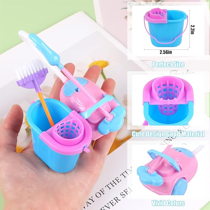 9 Pcs Miniature Dollhouse Cleaning Supplies Mini Bucket Mop Dust Pan Brush Broom Mini Housework Cute Cleaning Supplies Tools Miniature Furniture Dollhouse Decoration Accessories