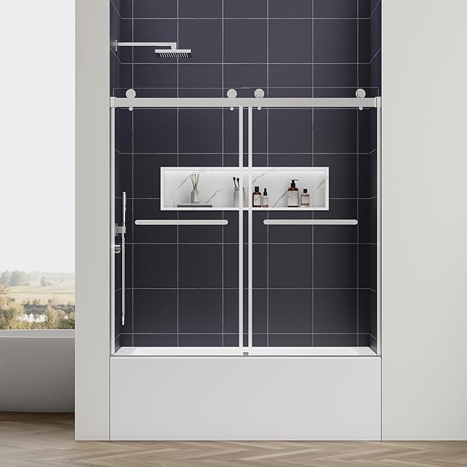 56-60" W x 60" H Double Sliding Bathtub Shower Door, 5/16" (8mm) Tempered Glass Frameless Bypass Shower Glass Door for Tub, Double Nano Coating, Pull Towel Rack (Chrome)