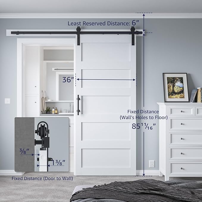 36in x 84in Sliding Barn Door with 6.6ft Barn Door Hardware Kit & Handle, Pre-Drilled Holes Easy Assembly -Solid Barn Door Slab Covered with Water-Proof PVC Surface, White, 5 Panel