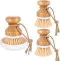 Boao 3 Pieces Bamboo Dish Scrub Brush and 1 Holder Natural Wooden Kitchen Cleaning Scrubbers Durable Bamboo Palm Household Pot Scrubber Brush for Dishes Pots Pans Kitchen Sink Cleaning