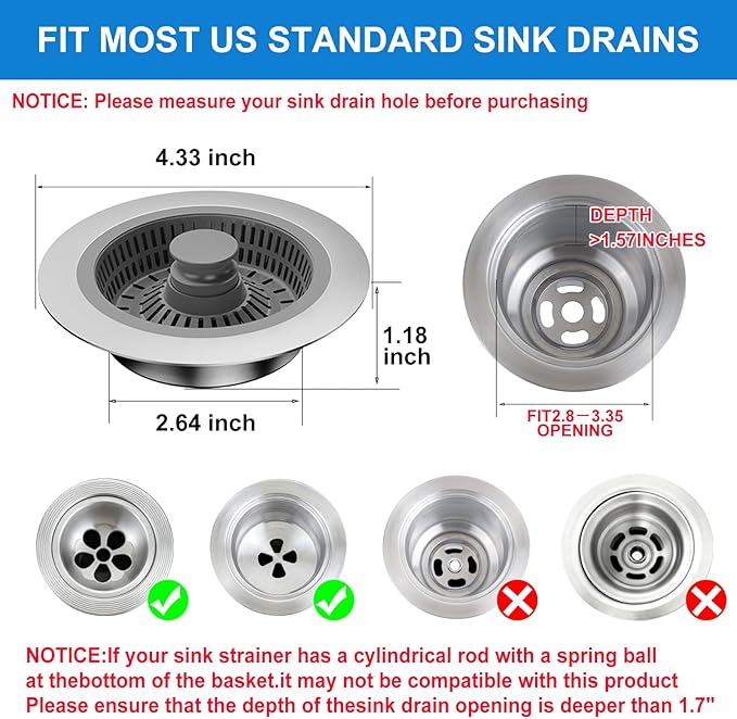 3 in 1 Kitchen Sink Drain Strainer & Sink Stopper, Anti-Clogging Sink Food Catcher Basket, Anti-Clog & Odor-Proof Drain Filter, Fits 3-1/2 Inch Sink Drain Holes (Silver-1Pack)