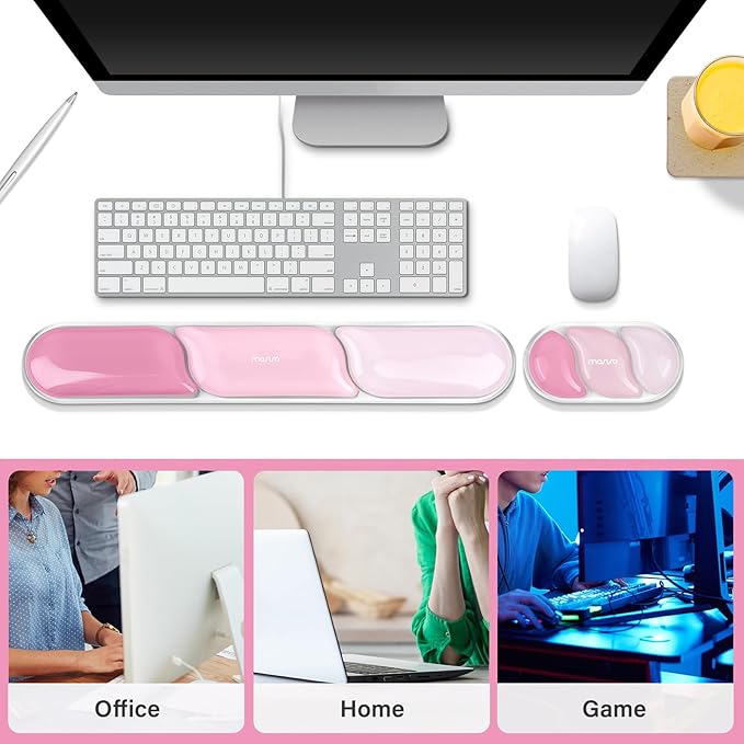 MOSISO Gel Keyboard Wrist Rest&Wrist Support for Mouse, Streamlined Ergonomic Soft Cooling Gel Mousepad Pain Relief Easy Typing Pad Non-Slip Computer Laptop Home/Office, Cherry Pink