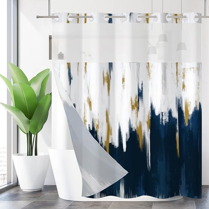 No Hook Shower Curtain with Snap in Liner, Hotel Style Navy Blue White Gold Brush Strokes Art Modern Shower Curtain Waterpoof Washable with See Through Top Window,71"x86"