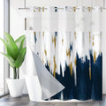 No Hook Shower Curtain with Snap in Liner, Hotel Style Navy Blue White Gold Brush Strokes Art Modern Shower Curtain Waterpoof Washable with See Through Top Window,71"x71"