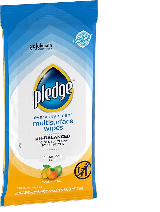 Pledge Multi Surface Everyday Wipes Fresh Citrus, 25 Count (Packaging May Vary) (Pack of 2)
