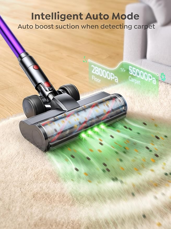 Cordless Vacuum Cleaner, 650W 55KPA 70 Mins Vacuum Cleaners for Home, Anti-Tangle Stick Vacuum with Touch Screen, Wall Mount Charging, Upgraded Vacuum Cordless for Pet Hair/Carpet/Floors