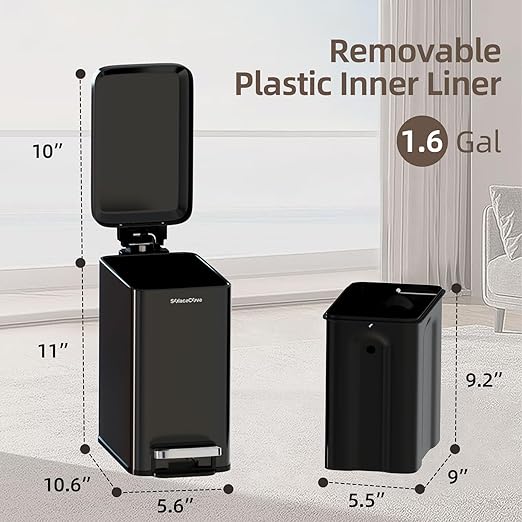 Slim Bathroom Trash Can with Lid Soft Close, 6 Liter/1.6 Gallon Stainless Steel Small Garbage Can with Removable Inner Bucket, Step Pedal, Slim Wastebasket for Toilet, Office, Bedroom, Black