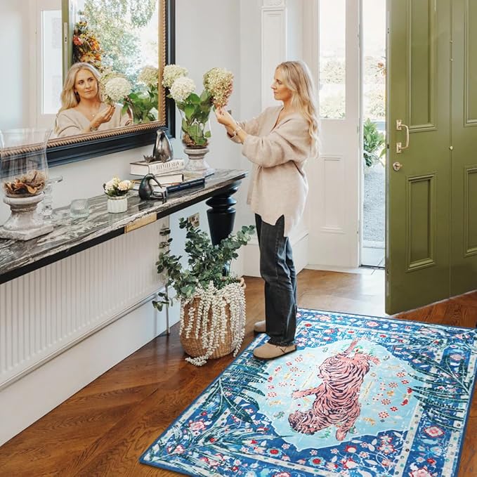 4x6 FT Leopard Rug for Living Room Vintage Animal Rug Aesthetic Rugs for Girls Room Nursery Bedroom Home Office Dorm Thin Bright Blue Carpe (Blue, 4X6 FT)