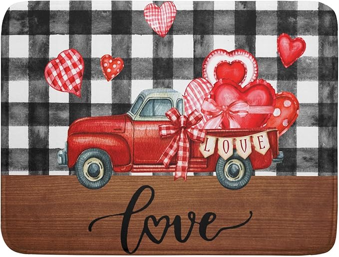 Valentine's Day Red Heart Truck Dish Drying Mat for Kitchen Counter,Black White Buffalo Plaid Love Drying Mat 18 x 24 Inch with Absorbent Reversible Microfiber Dish Drying Pad for Coffee Bar