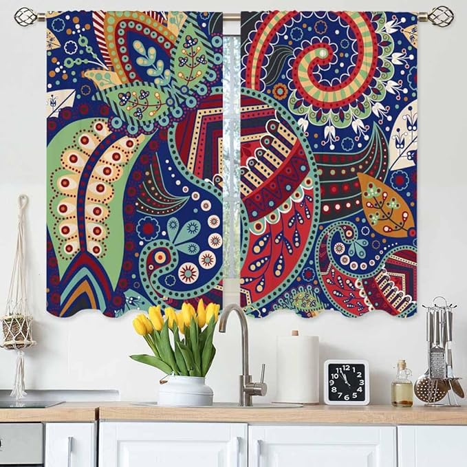 Ethnic Pattern Kitchen Curtains Paisley Lndia Abstract Floral Exotic Ornate Flourish Artistic Short Tier Curtains for Bathroom Cafe Small Window Drapes Treatment 2 Panels (27.5x39 Inch)
