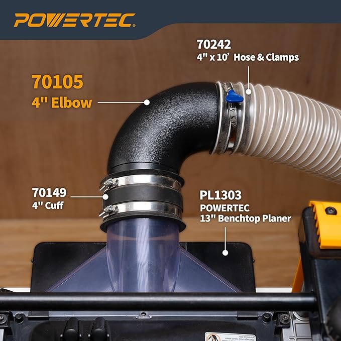 POWERTEC 70105 4" Elbow Dust Hose Connector, Black, 4", 90 Degree Elbow