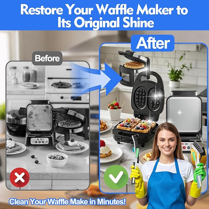 XANGNIER 6 Pcs Waffle Makers Clean Brush Kit for Belgian/Classic/Flip/Mini and All Iron Models - Non-Scratch Grid Brush emove Sticky Batter/Burnt Residue - Deep Clean Tool for Waffle Makers