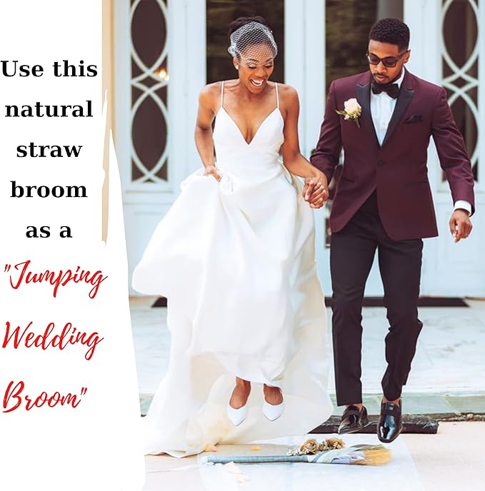 Natural Whisk Sweeping Hand Handle Broom - Brooms for Wedding Jumping Ceremony Halloween DIY Decoration - Vietnamese Straw Soft Broom - 12.2" Width, 28.35" Length