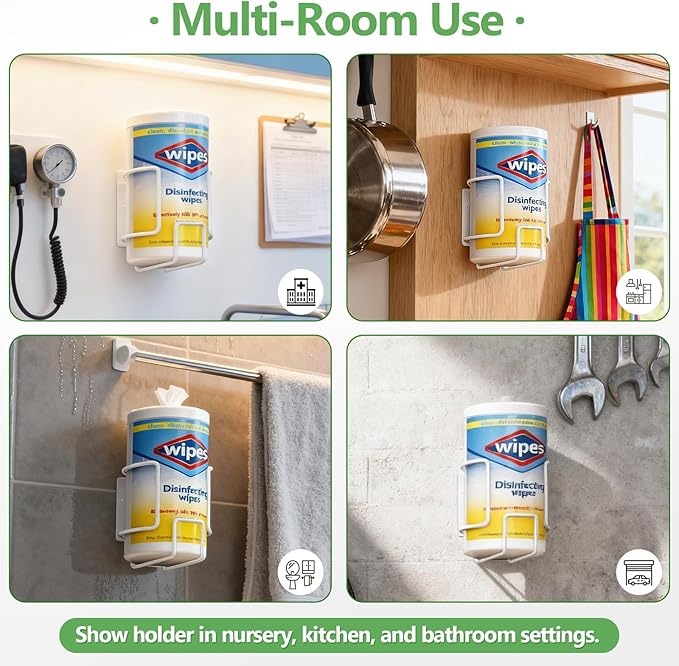 Wall-Mount Wipes Holder, Wipes Dispenser for Surface Cleaning Wipes, 5mm Steel Wire, Easy-Load Design with Strong Adhesive Backing (White, Small)