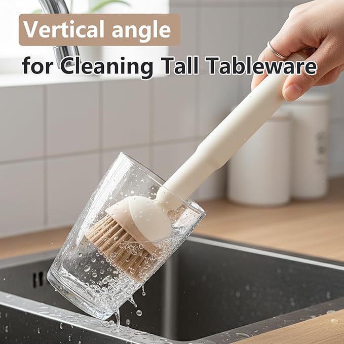 Twist-Handle Dish Brush, 30/60/90° Adjust Angle Instantly Long Handle Bottle Brush, with Built-in Tweezers, Scrub Brush for Pans, Pots, Stove, Kitchen Sink Cleaning
