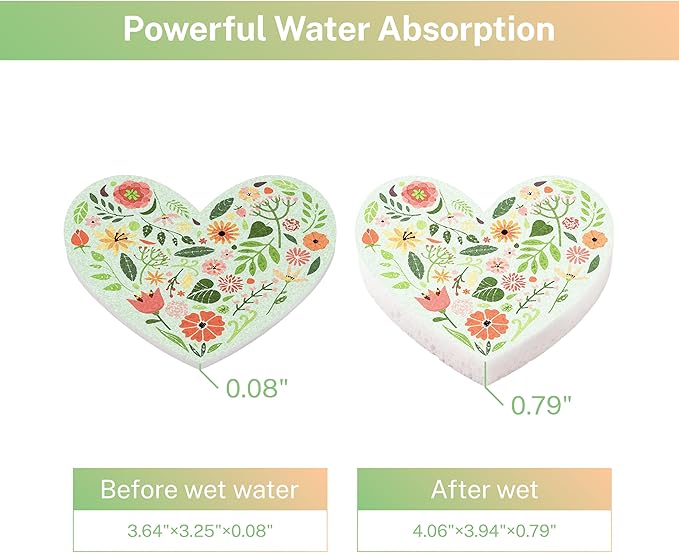 5 Pack Heart Shaped Sponges, Non-Scratch Cleaning Sponges with Floral Pattern, Kitchen Heavy Duty Scrub Sponge, Pop Up Eco Valentine's Day Sponges (Green)