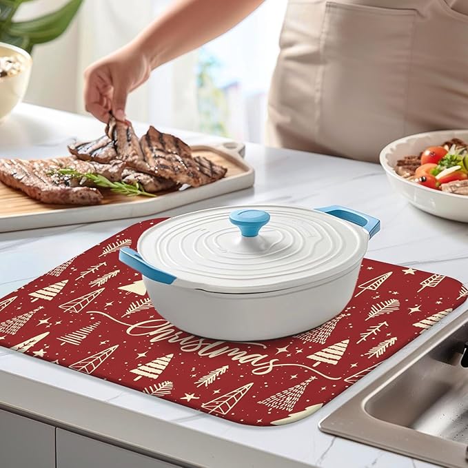 Christmas Kitchen Countertop Dish Drying Mat, Red Christmas Tree Snowflake Pattern Microfiber Kitchen Drying Mat, Washable Absorbent Countertop Xmas Winter Holiday Dish Mat Drainer,18x24Inch