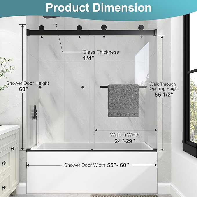 KPUY Frameless Tub Shower Door, 55-60" W x 60" H Double Sliding Bathtub Door, 1/4" (6mm) Thick Tempered Clear Glass with Explosion-Proof Film Nano Coating, Matte Black