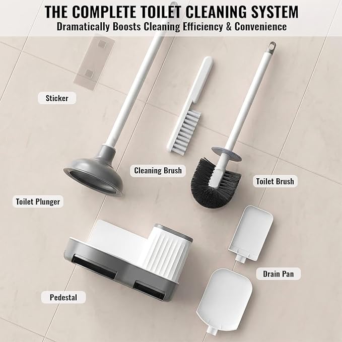 3-in-1 Toilet Brush and Plunger Set with Hidden Holder, Vented Stand & Drip Tray, Hangable or Freestanding, 360° Deep-Clean Brush Head + Gap Brush, Shatter-Resistant Handles（White）