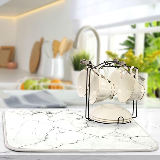 White Grey Marble Dish Drying Mat for Kitchen Counter Absorbent Microfiber Drying Pad, Medium 16x18 in, Reversible Drainer Mats
