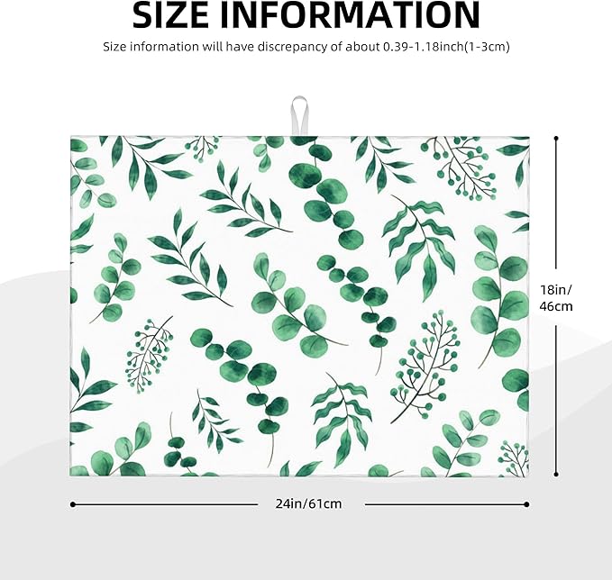 Watercolor Plant Green Leaves Dish Drying Mat for Kitchen Counter, 18"x24" Microfiber Absorbent Fast Dry Mat, 2Pcs Dish Mat Faucet Mats Sets, Large Drying Kitchen Mat Kitchen Drying Pad