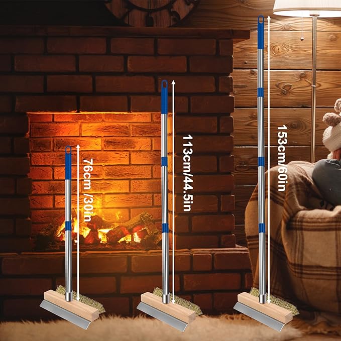 Pizza Oven Brush with Scraper and 4 Sections Detachable Long Rod and Scraper-Oven Brush for Removing Deep Burned-On Residue | Ideal for Pizza Shelf & Large Grills and Pizza Oven Accessories